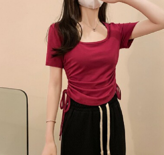 Slim Shoulder Short Sleeve T-Shirt (Burgundy) (Size: One Size) #F134020253
