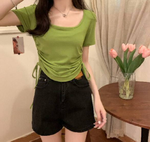 Slim Shoulder Short Sleeve T-Shirt (Green) (Size: One Size) #F134020254