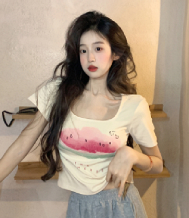 Square Neck Printed Short Sleeve T-Shirt (Apricot Watermelon) (Size: S-XL) (Contact Customer Service to Confirm Shipping Size after placing an order) #F134020255