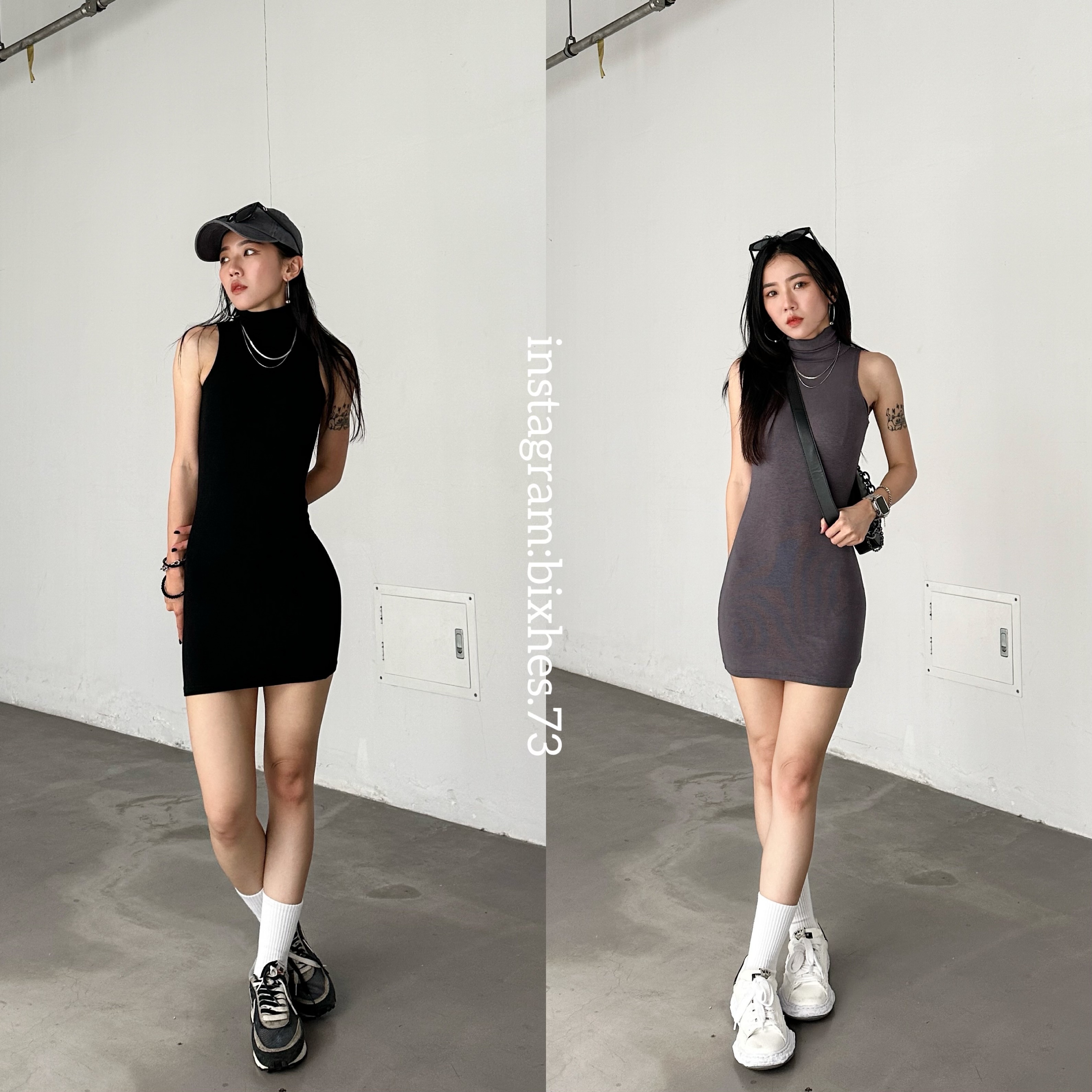 歐美高領挖肩包臀連身裙(D00025)