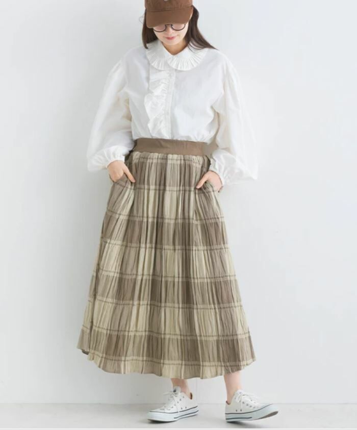 免熨文青風格子皺布處理半身長裙【日本直送】