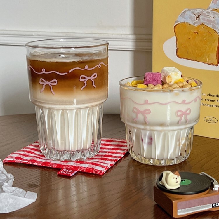 《4152》少女粉色緞帶蝴蝶結透明玻璃杯