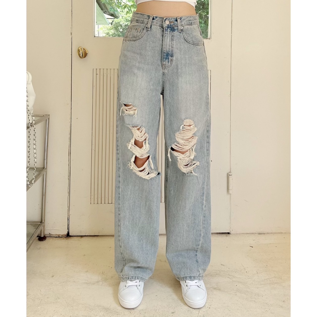 ［預購］🔥05.08春夏新品］🇰🇷正韓中高腰復古刷色刷破百搭牛仔寬褲（SML）