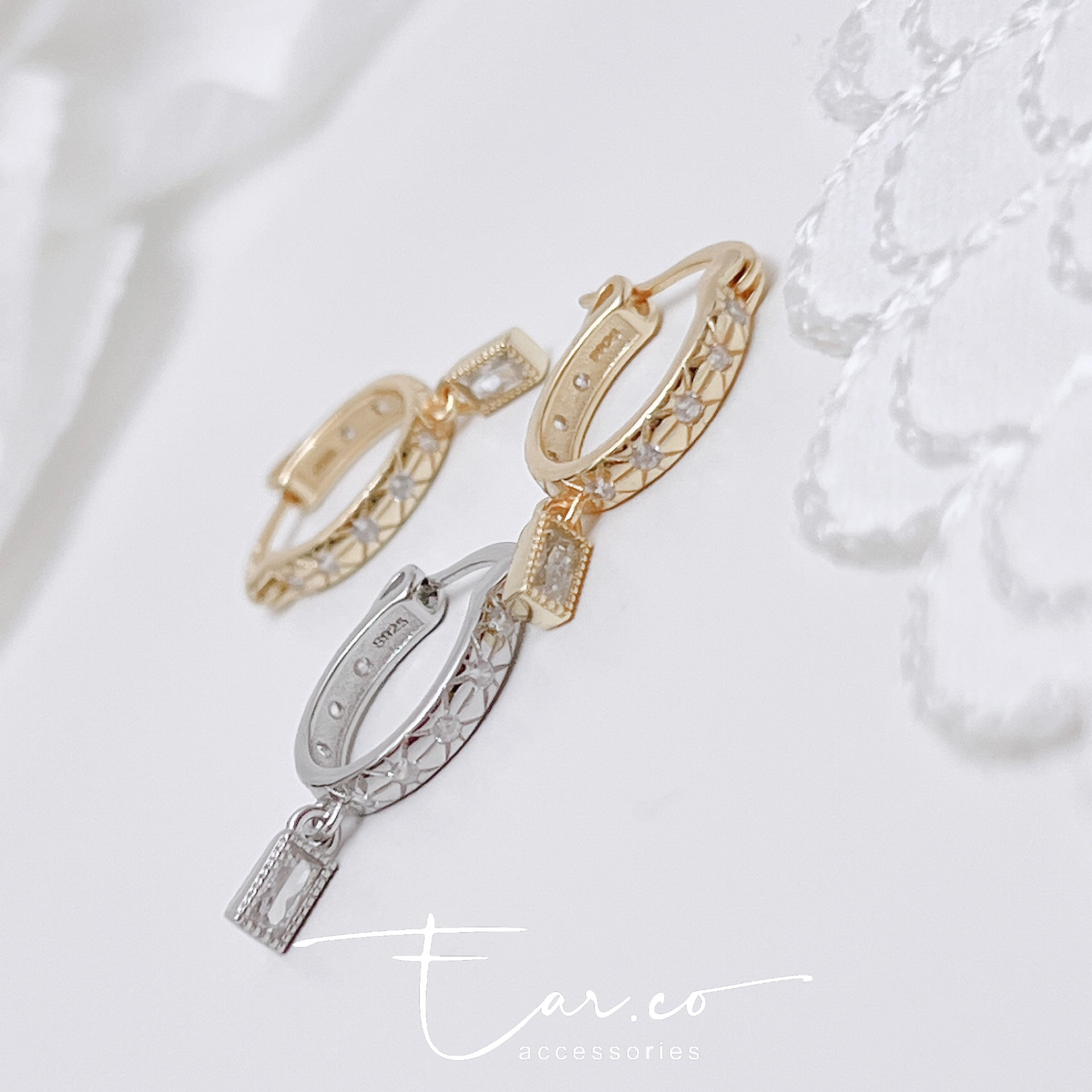 小星芒鑲嵌垂釣長方形純銀小耳圈 [睡覺不用脫! ] #A1054