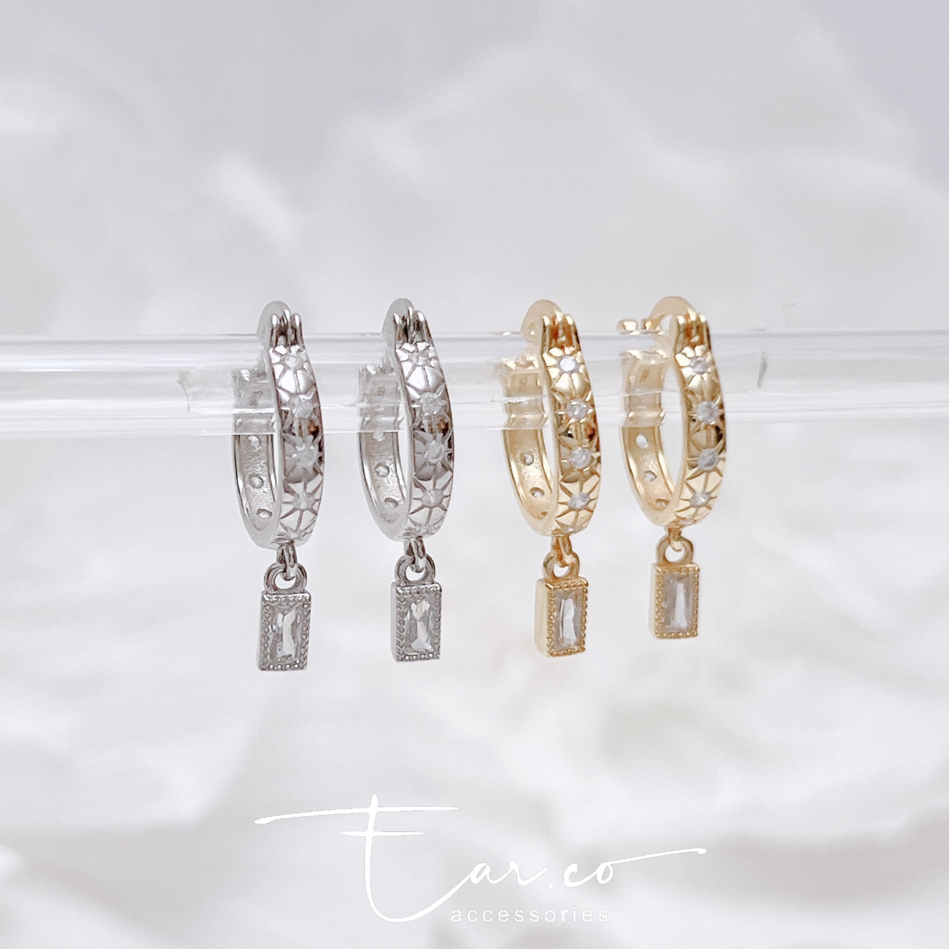 小星芒鑲嵌垂釣長方形純銀小耳圈 [睡覺不用脫! ] #A1054