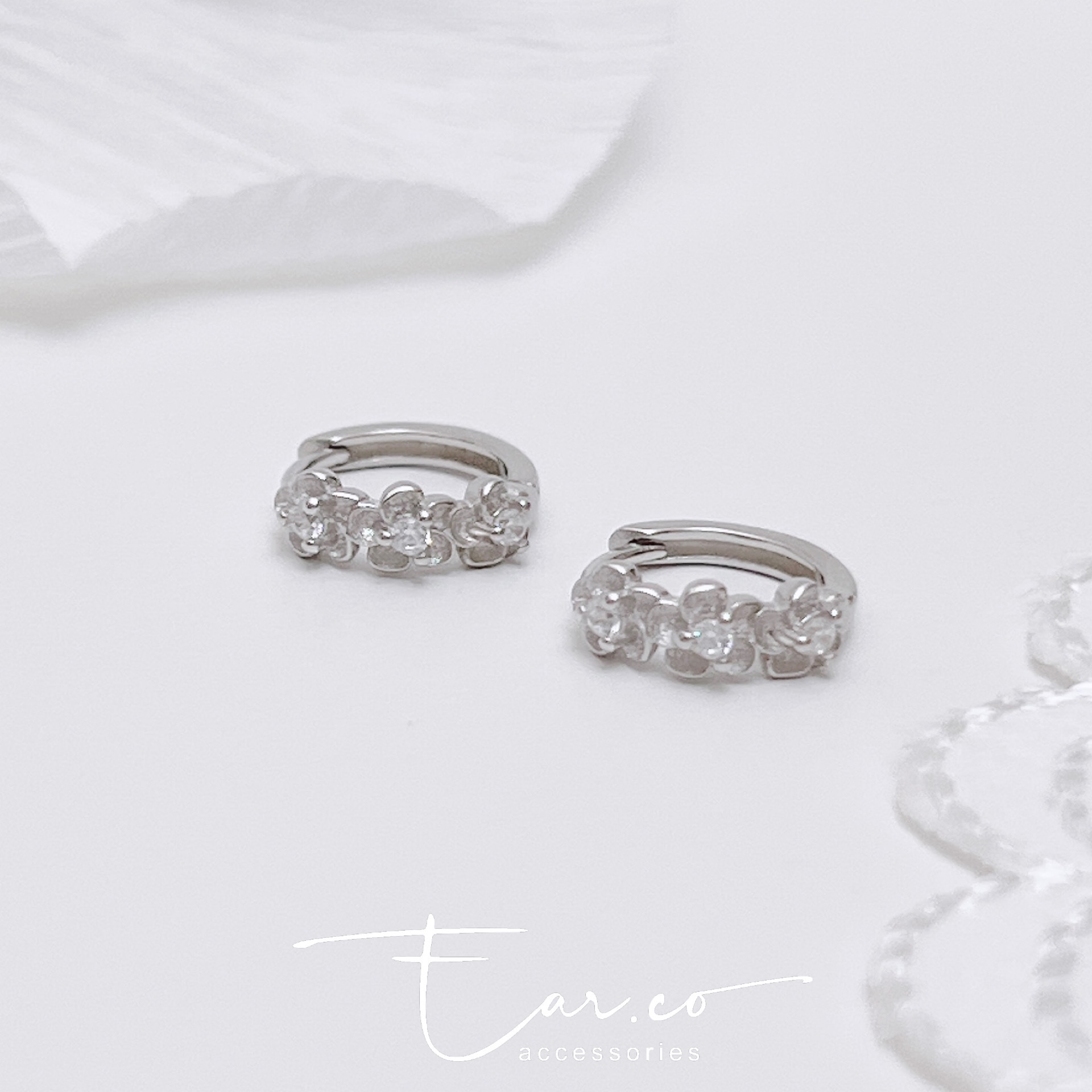 立體小花閃石純銀小耳圈 [睡覺不用脫! ] #A1055