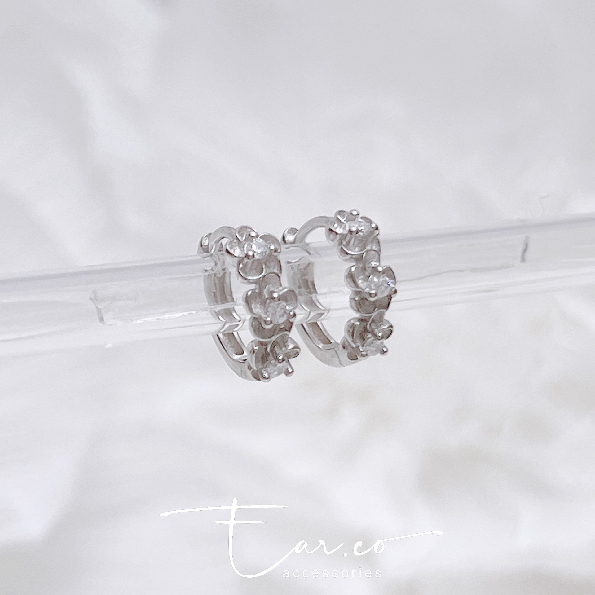 立體小花閃石純銀小耳圈 [睡覺不用脫! ] #A1055