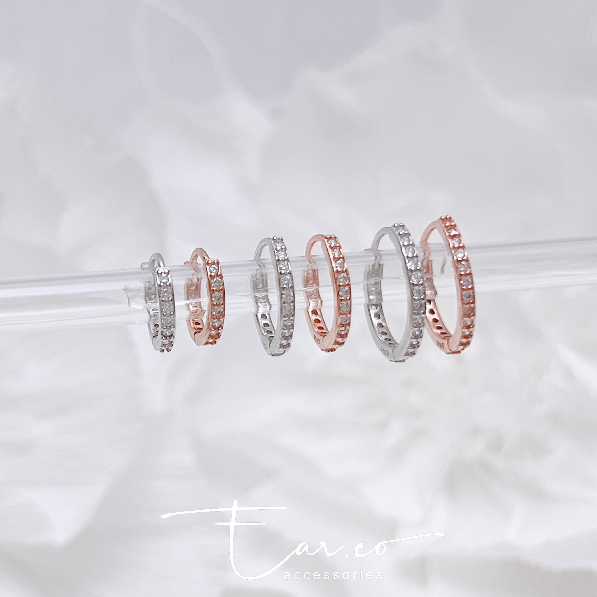 經典雙面一排閃石純銀小耳圈 [睡覺不用脫! ] #A1058