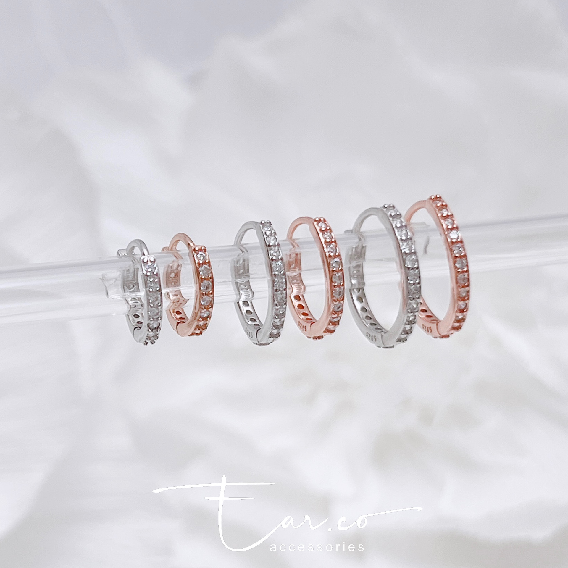 經典雙面一排閃石純銀小耳圈 [睡覺不用脫! ] #A1058