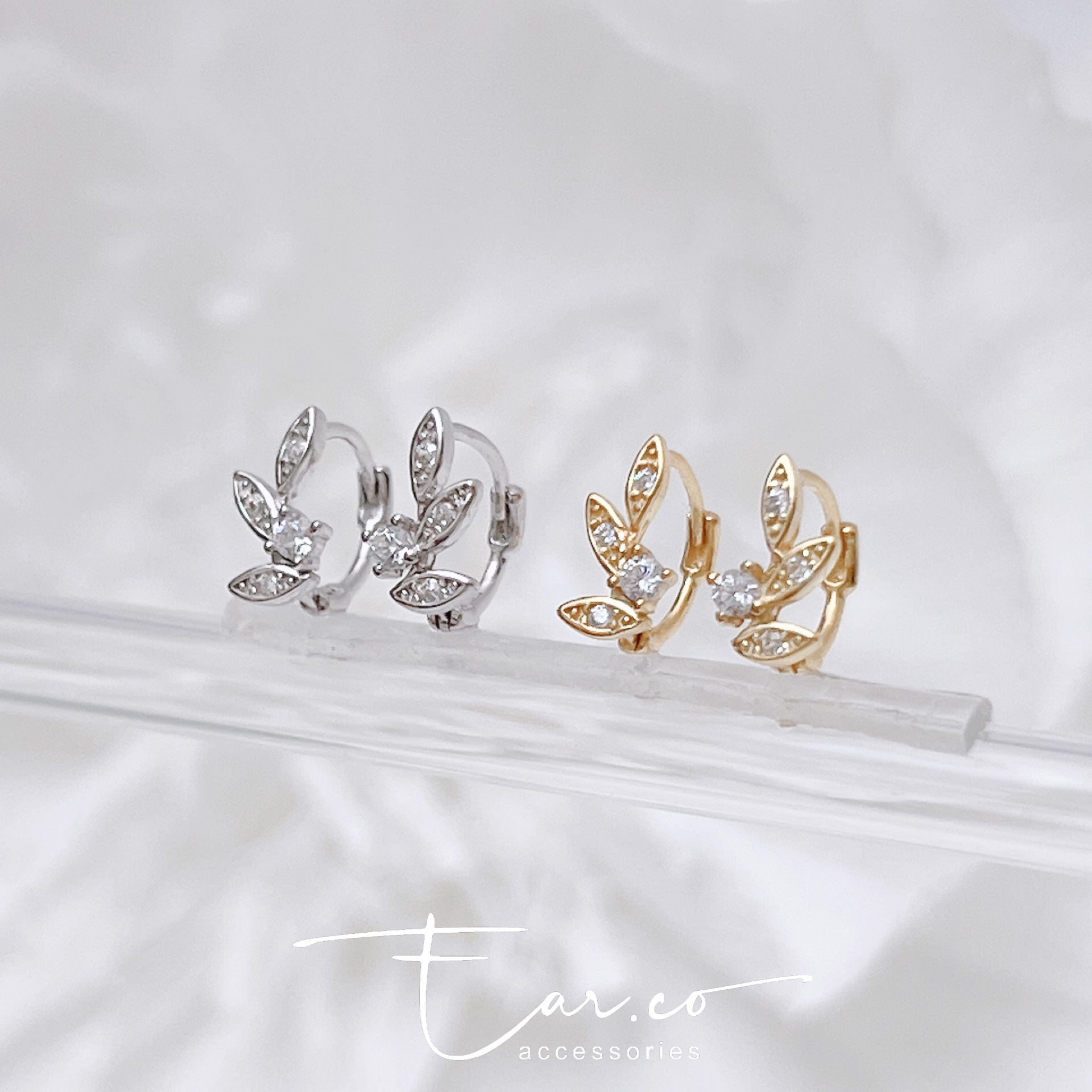 閃石小樹葉純銀小耳圈 [睡覺不用脫! ] #A1064