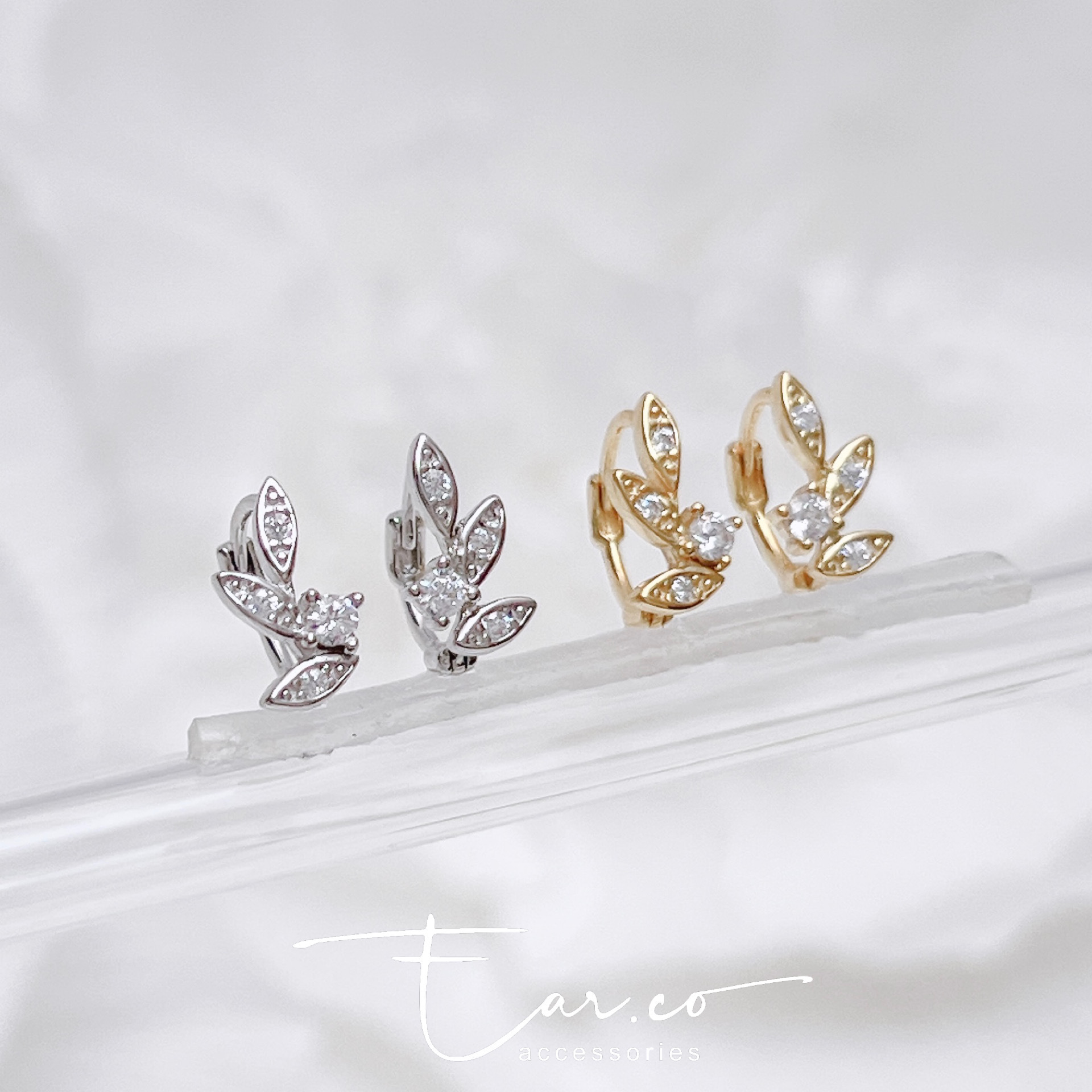 閃石小樹葉純銀小耳圈 [睡覺不用脫! ] #A1064