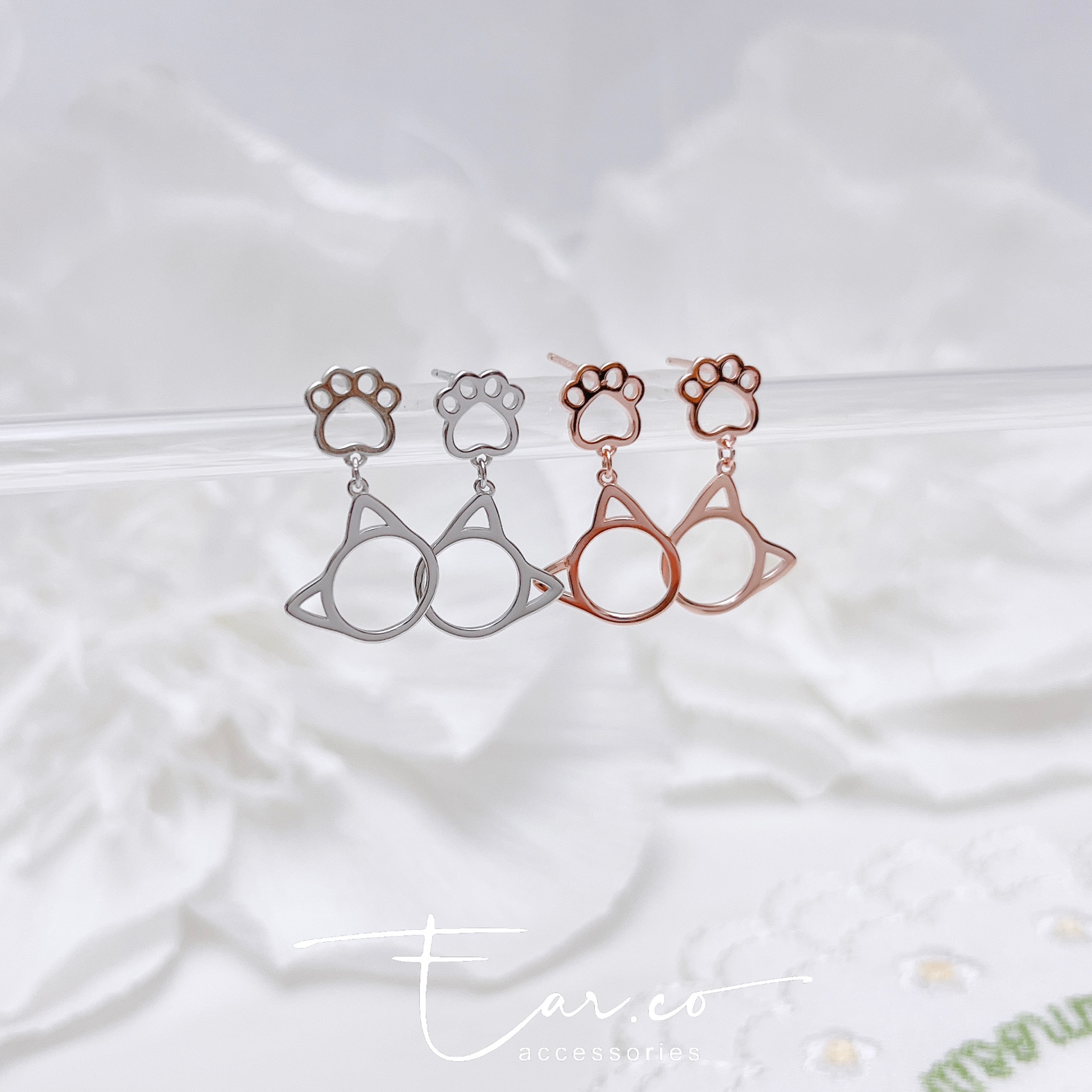 可愛腳掌小貓咪純銀耳環 #A1071