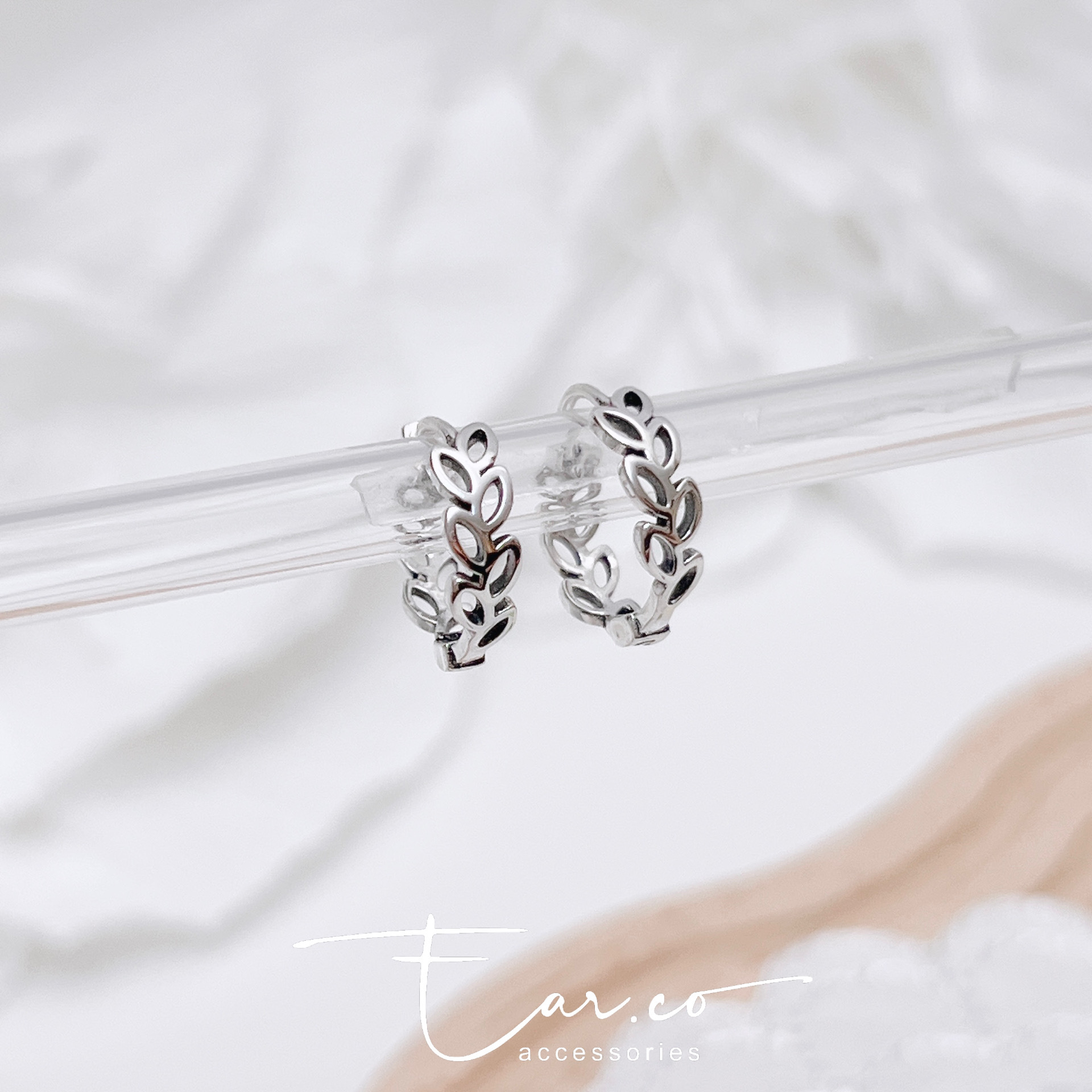 通花樹葉純銀小耳圈 [睡覺不用脫! ] #A1074