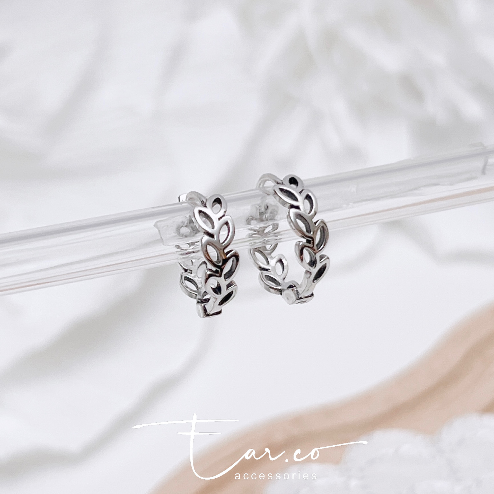 通花樹葉純銀小耳圈 [睡覺不用脫! ] #A1074