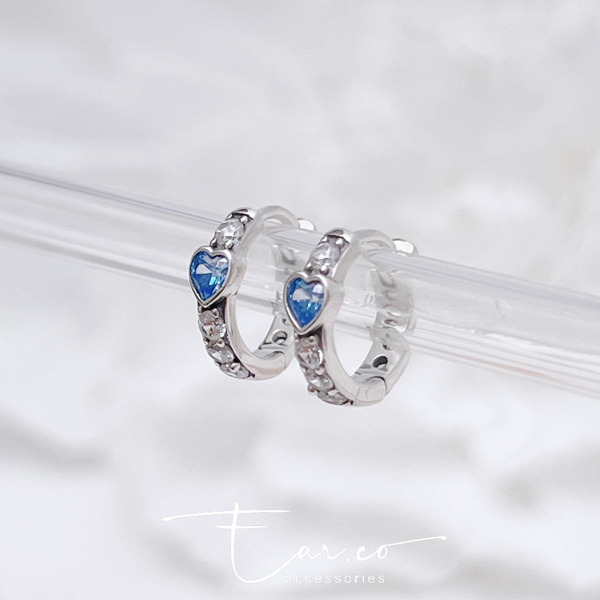 藍色小愛心閃石純銀小耳圈 [睡覺不用脫! ] #A1075