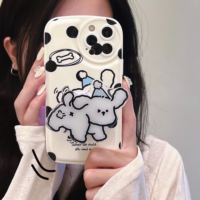《50858》大點點狗狗白色手機殼(含支架)