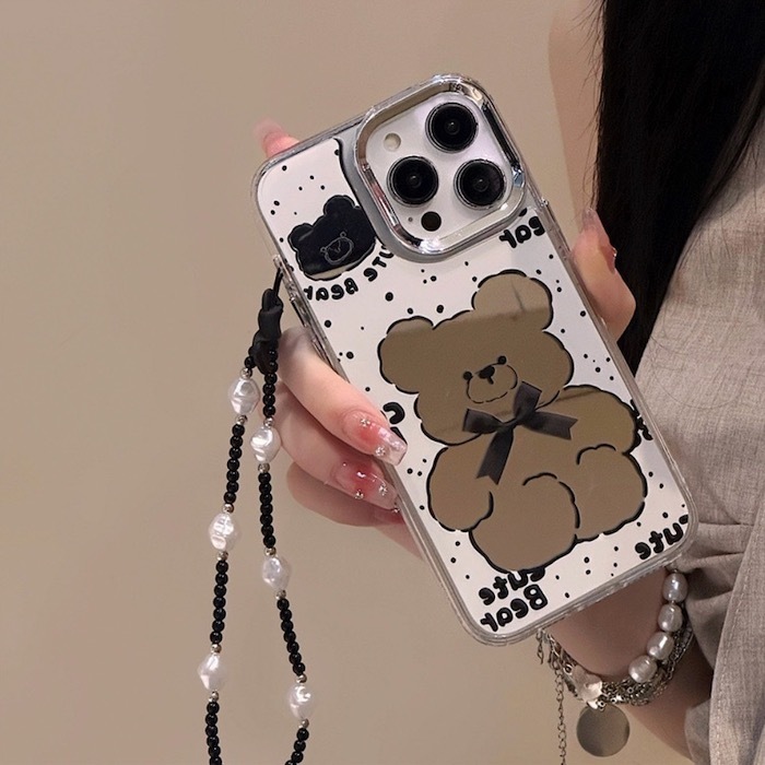 《50860》鏡面熊熊iphone手機殼(含珠鍊)