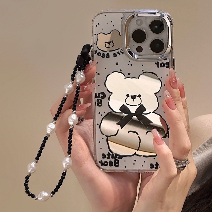 《50860》鏡面熊熊iphone手機殼(含珠鍊)