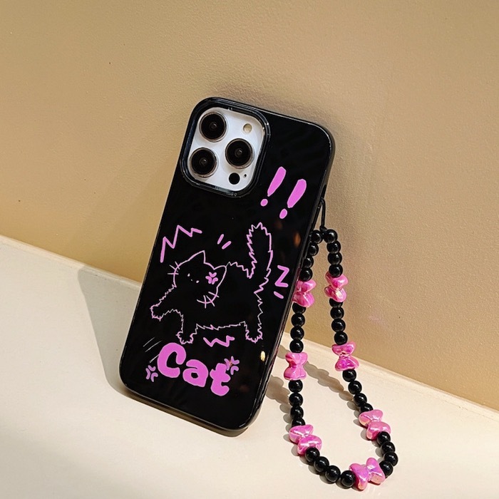 《50861》Y2K炸毛貓咪手機殼(含珠鍊)