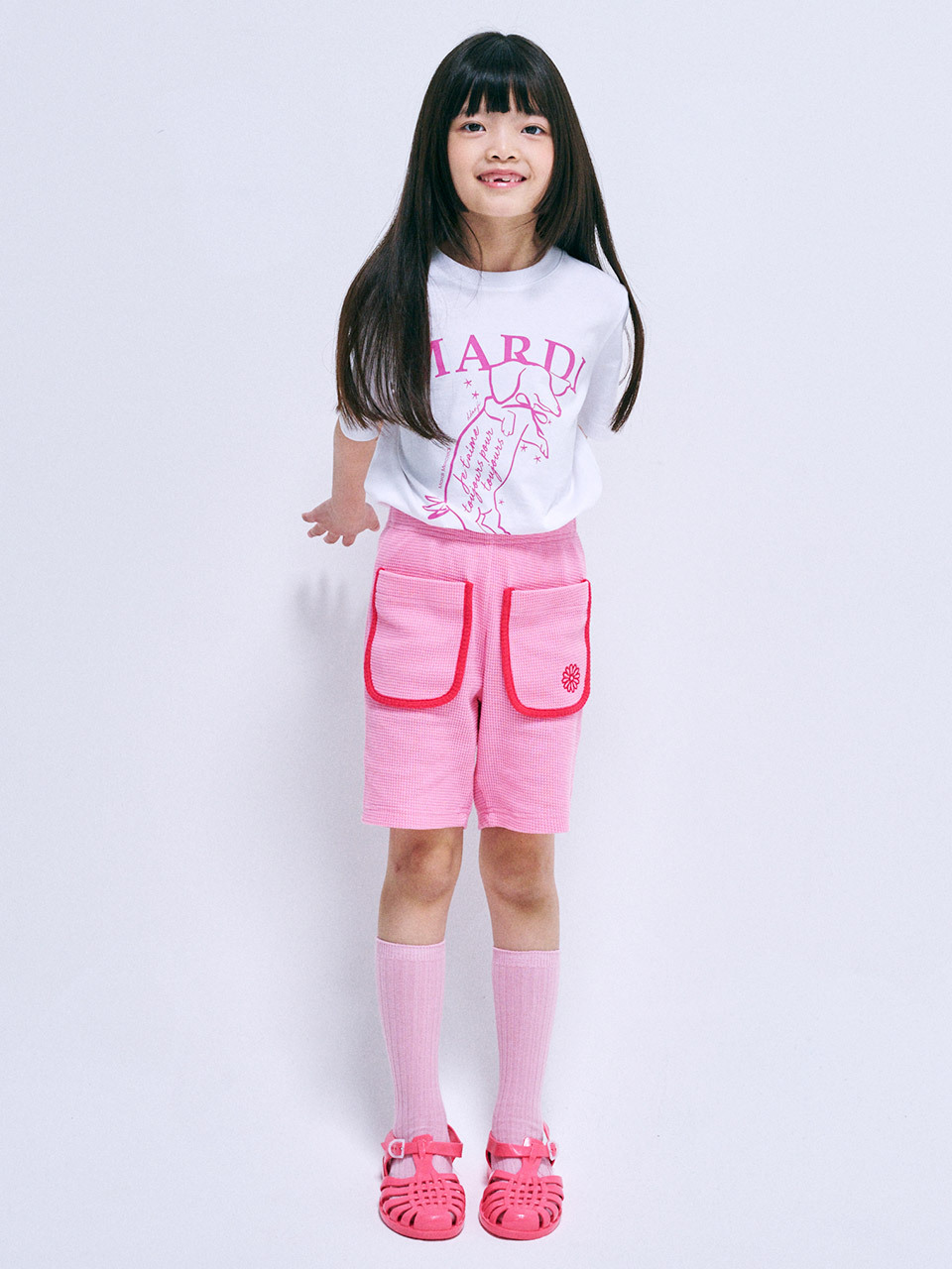 Mardi Mercredi KIDS SETUP TSHIRT SWING THE TAIL DDANJI AND WAFFLE BERMUDA_WHITE PINK