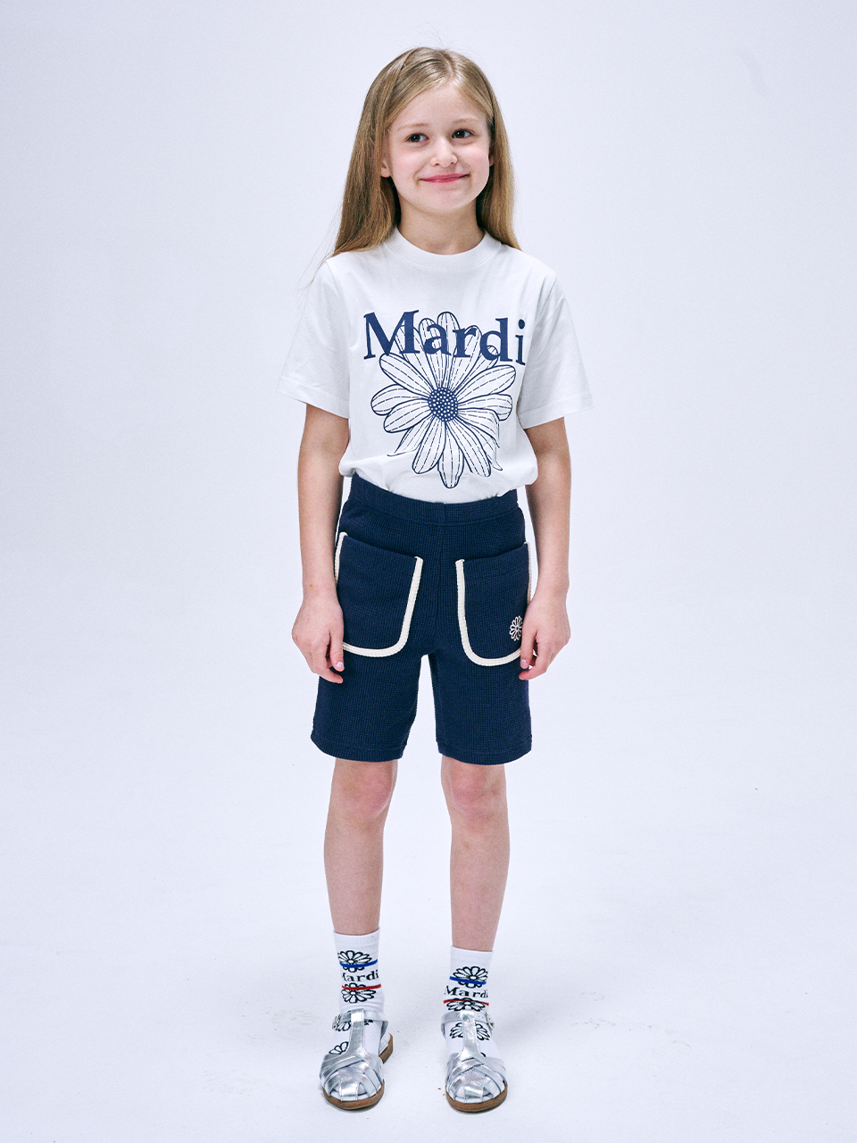 Mardi Mercredi KIDS SETUP TSHIRT FLOWERMARDI AND WAFFLE BERMUDA_IVORY NAVY
