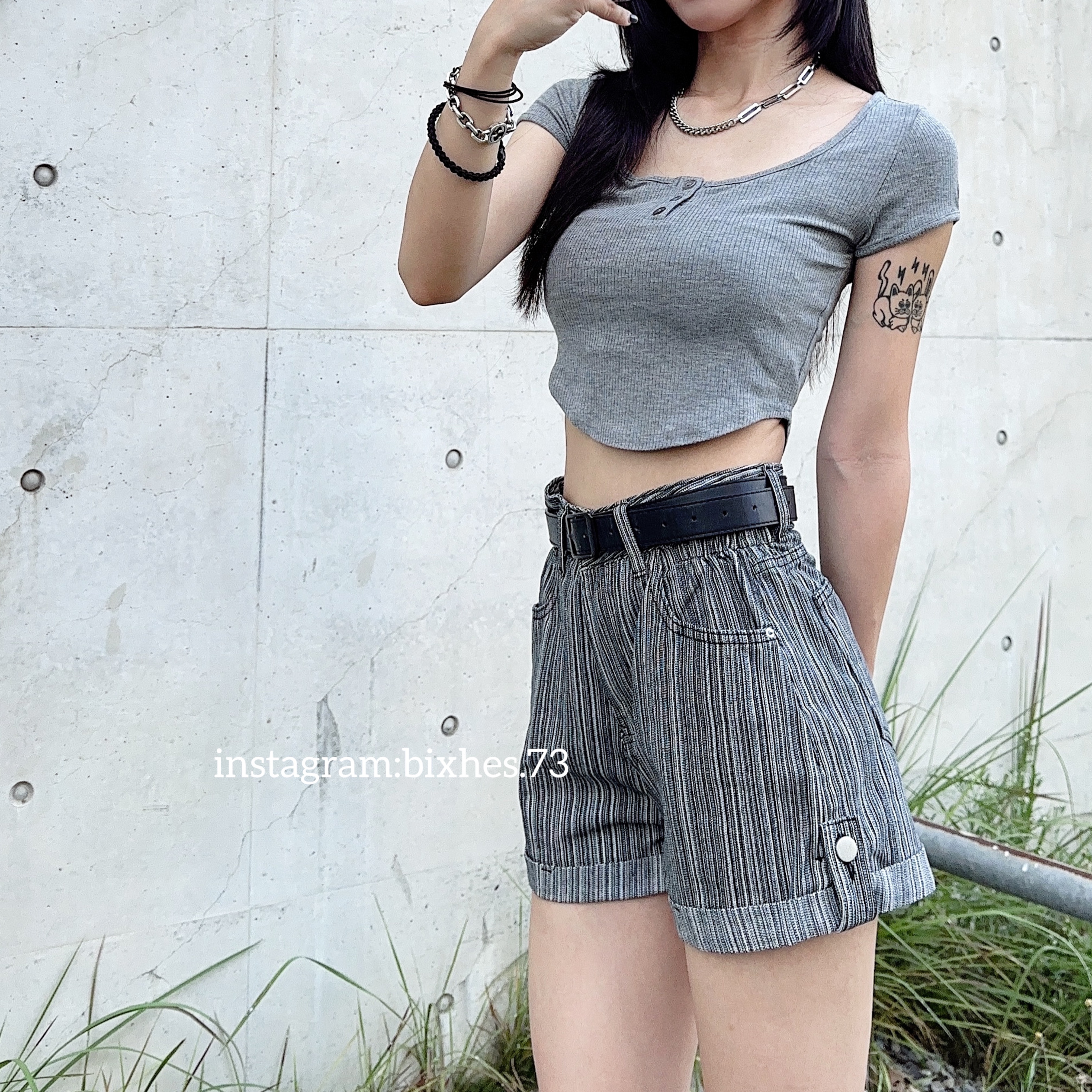 歐美竪條反折牛仔短褲(E00085)