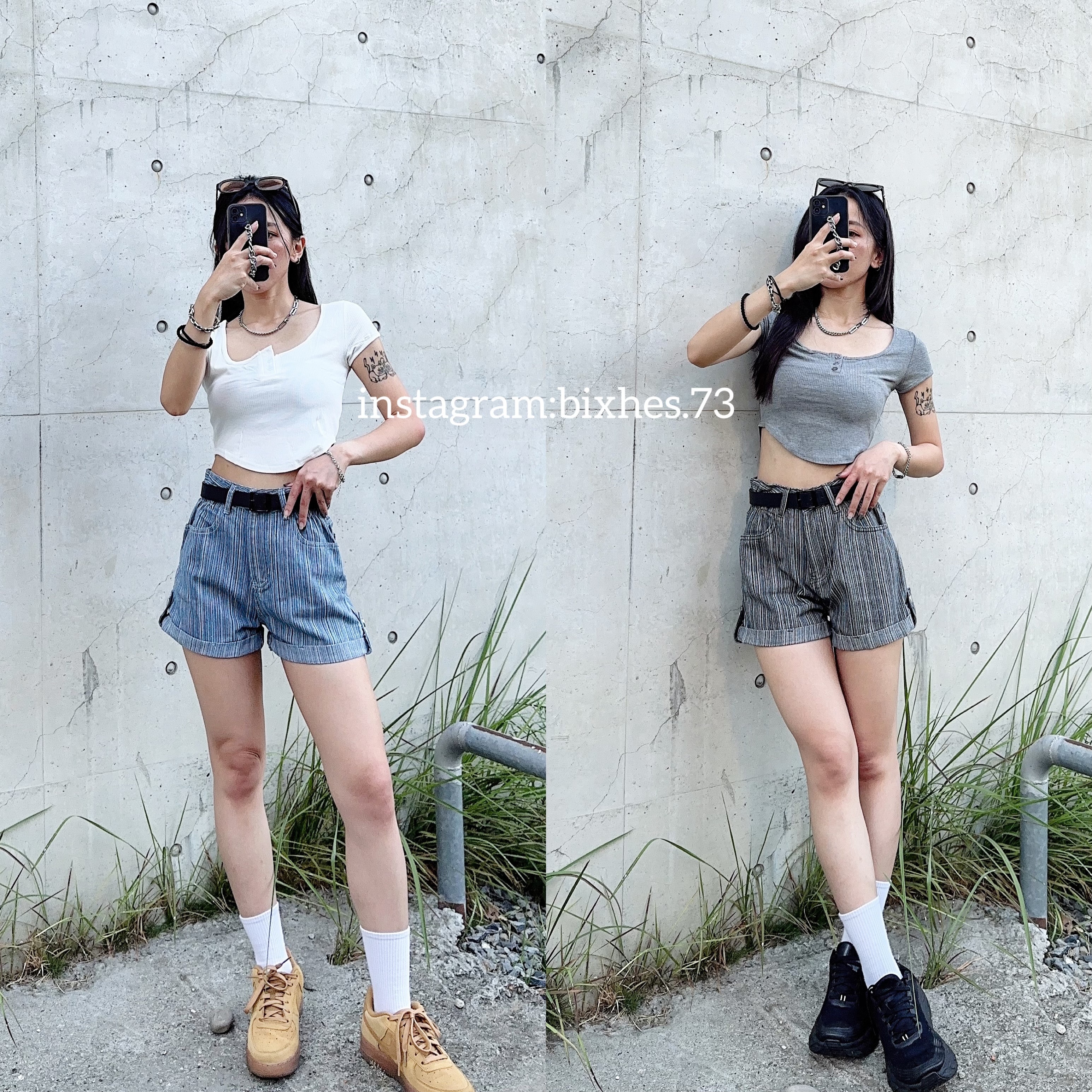 歐美竪條反折牛仔短褲(E00085)