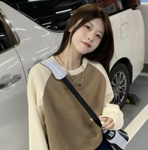 熱賣拼色長袖女衛衣（卡其拼杏色均碼）#