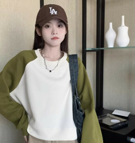 熱賣拼色長袖女衛衣（綠色拼杏色均碼）#