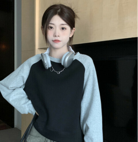 熱賣拼色長袖女衛衣（黑色拼灰色均碼）#