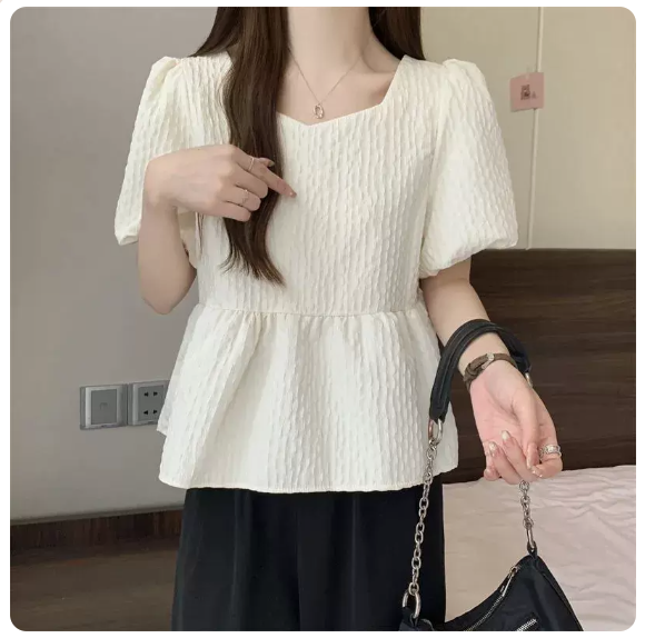 Square Neck Puff Sleeve Short Sleeve Shirt (White Size: S-3XL) (Please contact customer service to confirm the shipping size after placing an order)