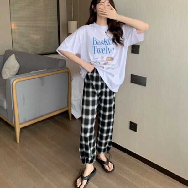 Loose casual mint corset wide-leg pants [deep check] [one size]
