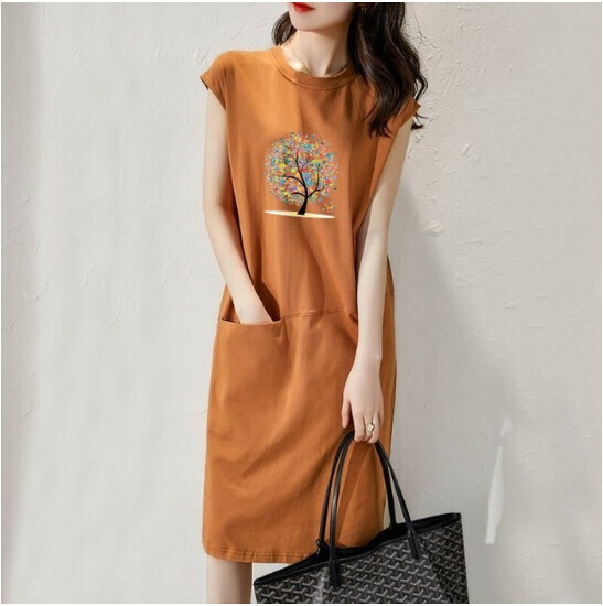 Crew Neck Cartoon Print Dress [Khaki] (S-4XL) (Contact customer service to confirm size after placing an order)