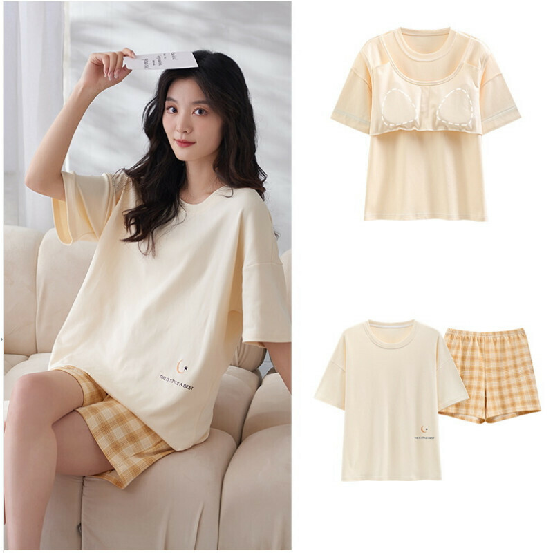 Cotton short-sleeved shorts pajama set with chest pad [M-XXL SF-6203] [Contact customer service to confirm the shipping size after placing an order]