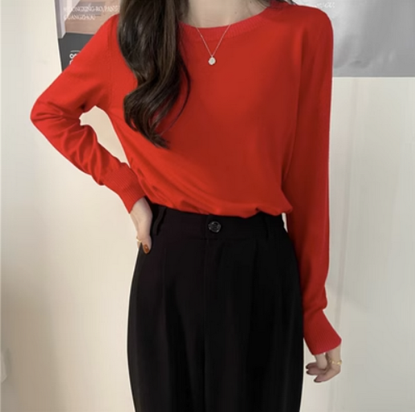 Knitwear women's underwear with long sleeves loose and thin (red) (size: one size)#