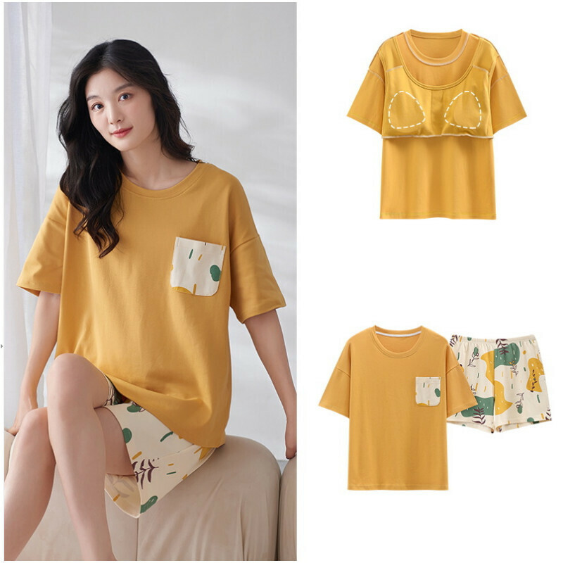 Cotton short-sleeved shorts pajama set with chest pad [M-XXL SF-6204] [Contact customer service to confirm the shipping size after placing an order]