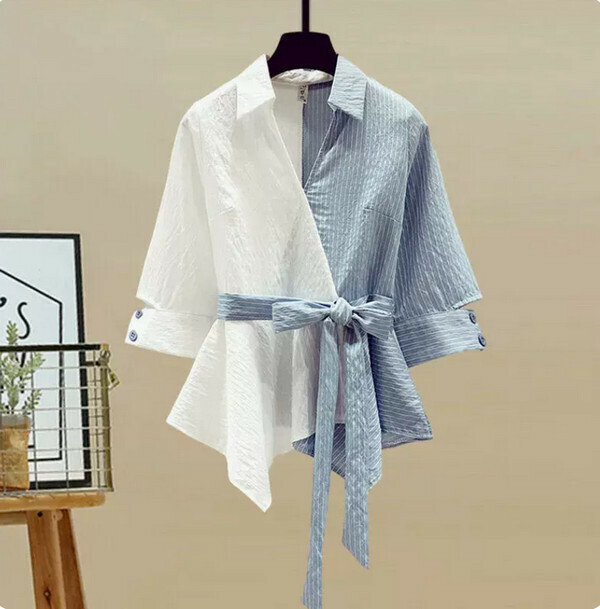 Women's Clothing - Fashion Stitching 1658 Shirt # Single Piece (White + Gray) (M-4XL Size) (Contact customer service to confirm the size after placing an order) 