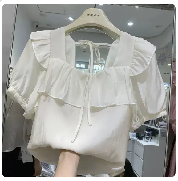Square neck lace-up chiffon top (white size: S-3XL) (Please contact customer service to confirm the shipping size after placing an order)