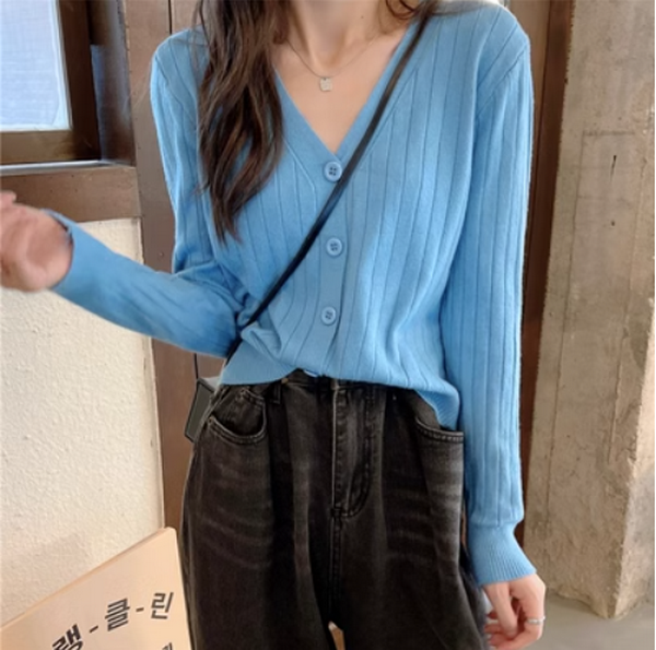 Loose V-neck cardigan with long sleeves (blue) (Size: one size)