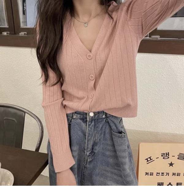 Loose and slim V-neck cardigan with long sleeves (pink) (Size: one size)