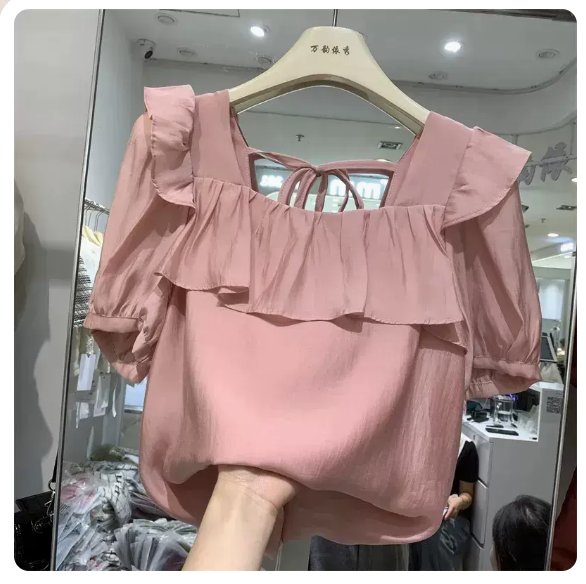 Square neck lace-up chiffon top (pink size: S-3XL) (please contact customer service to confirm the shipping size after placing an order)
