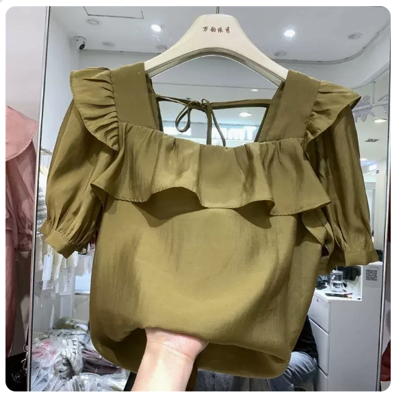 Square neck lace-up chiffon top (Khaki size: S-3XL) (Please contact customer service to confirm the shipping size after placing an order)