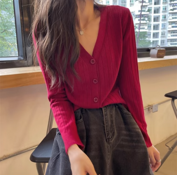 Loose and slim V-neck cardigan with long sleeves (burgundy) (size: one size)