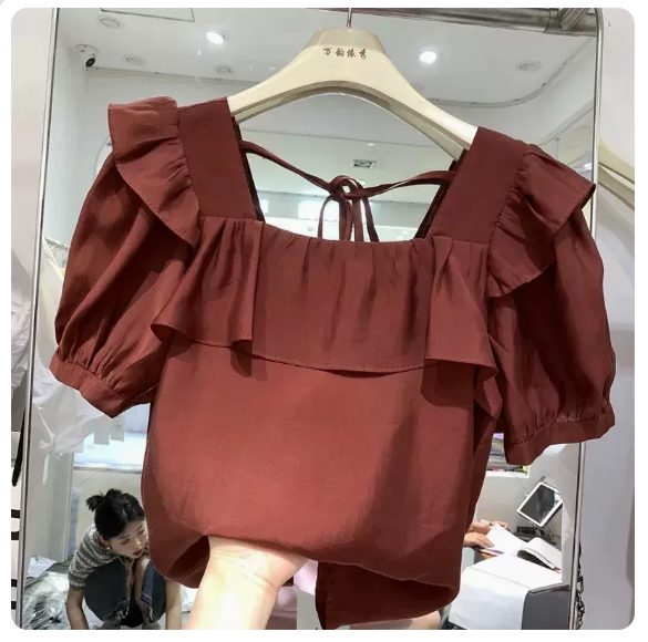 Square neck lace-up chiffon top (red size: S-3XL) (please contact customer service to confirm the shipping size after placing an order)