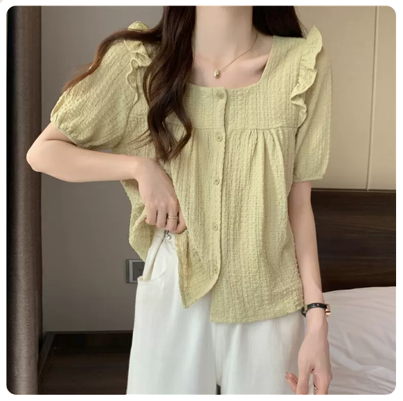 Square Neck Fungus Trim Short Sleeve Shirt (Green Size: S-3XL) (Please contact customer service to confirm the shipping size after placing an order)