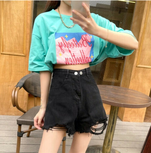 Denim Shorts Women's Summer Thin High-Waisted Slim Loose Wide-leg Pants (Black #A902) [Size: S-XL] [Contact Customer Service to Confirm Shipping Size after Placing an Order]