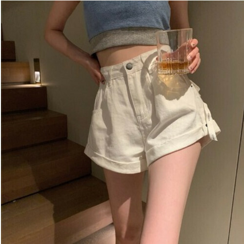 熱推牛仔短褲女夏季薄款高腰顯瘦（米白色）[尺碼：S-L ][下單後聯絡客服確認發貨尺碼]