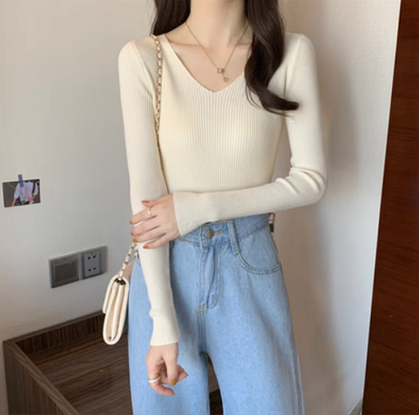 Slim Cropped Solid Knit (Apricot) (Size: One Size)
