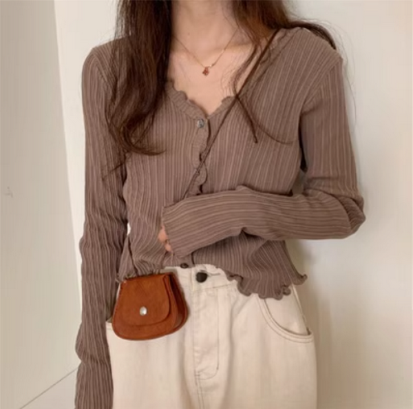 Long Sleeve Knit Slim Cardigan V-Neck Casual Cropped (Brown) (Size: One Size)