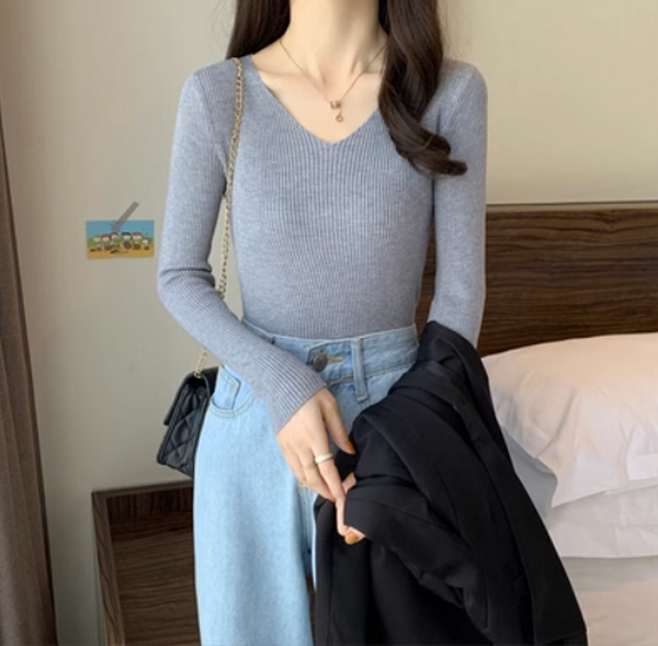 Slim-fitting cropped solid knit (grey) (size: one size)